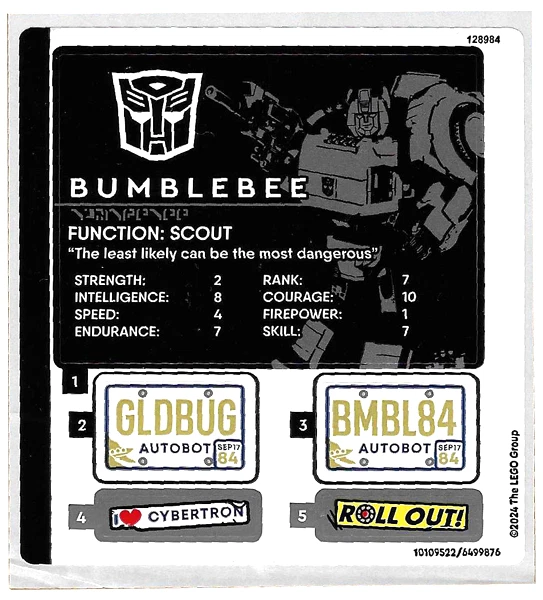 LEGO STICKER SHEET ONLY BUMBLEBEE 10338 New from set 10338stk01 - Image 1 of 1