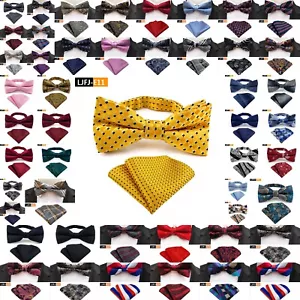 New Mens Pre-Tied adjustable Bow Tie Checks Stripes Bowtie Hanky Wedding Party - Picture 1 of 47