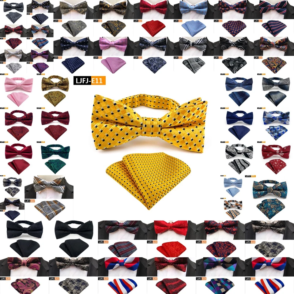 New Mens Pre-Tied adjustable Bow Tie Checks Stripes Bowtie Hanky Wedding Party - Image 1 of 1