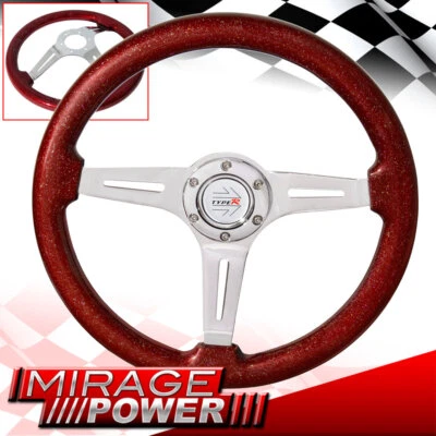 Red Metallic Wood Aluminum Center Deep Dish Steering Wheel + Type-R Horn Button - Image 1 of 4