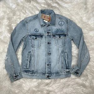 GIACCA JEANS LEVIS TRUCKER EFFETTO INVECCHIATO PEACE & SUN SYMBOL TAGLIA PICCOLA GIACCA DENIM - Foto 1 di 4
