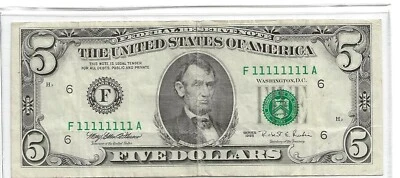 Solid 1's $5 Federal Reserve Note Serial Number F 11111111 A Rare Bill - Image 1 of 2