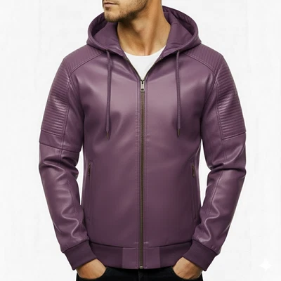 Jaqueta de motociclista slim fit masculina couro de cordeiro Helloween casual clássica com capuz fit - Imagem 1 de 4