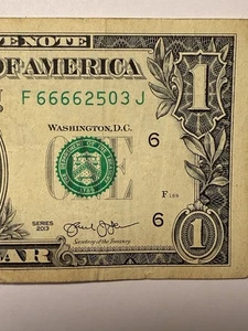 Vier in einer Reihe 6er One Dollar Schein District 6 Fancy Seriennummer 1 $ 66662503 2013 - Bild 1 von 10