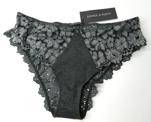 Savage X Fenty Panties Womens Small Black Gray Floral Lace Briefs Underwear NWT - Picture 1 of 5