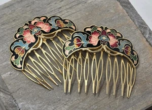 Two Vintage Cloisonné Hair Combs Black Multicolor Enamel Floral Design Pair - Picture 1 of 15