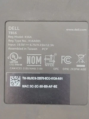 Estación base Dell TB16 K16A USB-C Thunderbolt 3 sin adaptador de CA Foto 1 de 4