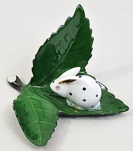 Herend ~ Bunny On Leaf ~ Place Card Holder ~ Blue Dots ~ Hand Painted Porcelain - Picture 1 of 11