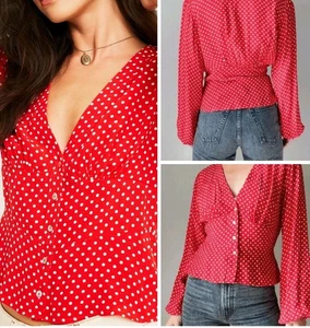 Free People Love Street XS Red White Polka Dot Long Sleeve Blouse NWT $88 - Picture 1 of 8
