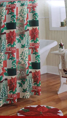 NEW MIP Christmas Cloth Shower Curtain with Xmas Trees, Poinsettia's, Pine Cones Foto 1 de 4