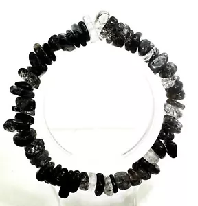 Bracciale Perline Fatto a Mano 7" Chips Quarzo Rutilato Capelli Neri Naturali PGB243 - Foto 1 di 2