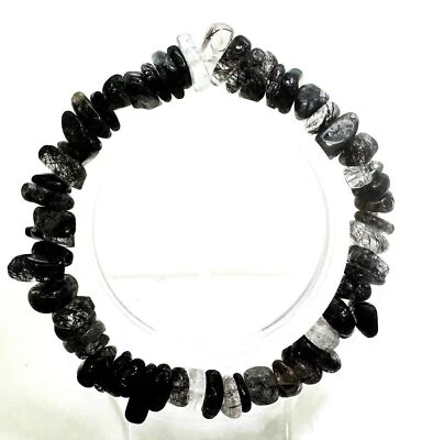 Natural Black Hair Rutilated Quartz Chips 7" Handmade Beaded Bracelet PGB243 Foto 1 de 2