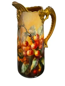 Splendida brocca Limoges Jean Pouyat drago dipinto a mano manico dorato, ciliegie - Foto 1 di 5