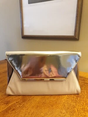 NEW LOOK Clutch Bag Nude, Gold & Bronze Patent Faux Leather With Chain Medium - Image 1 of 4