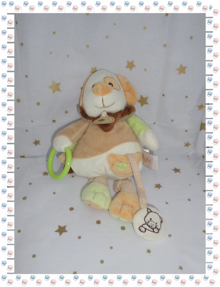 ⑪ - Doudou D'Eveil Activité Chien Beige Vert  "Pouet "  Anneau Grelot Baby Nat - Photo 1/1