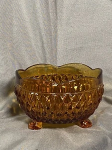 Indiana Glass Amber Candy Dish Diamond Point 3 Footed Scalloped Edges Vintage - Picture 1 of 4