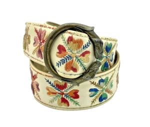 Cinturón Vintage Bechelli Bordado Cabeza de León Hebilla Marfil Floral Boho - Imagen 1 de 14