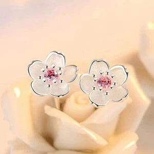 925 Sterling Silver Pink Sakura Stud Earrings Womens Girls Jewellery Love Gift - Picture 1 of 5