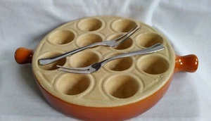 Vintage Escargot Dish "Emile Henry" Stoneware Twelve Holes+ 2 inox forks - Picture 1 of 6