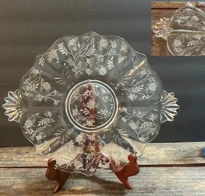 Fostoria Chintz Baroque Cake Plate Platter Scalloped Handles Clear Glass Etched - Image 1 of 4