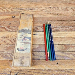 Vintage Wood Sterling #2 Pencils With Vintage Wood Japanese Pencil Box Mt Fuji - Picture 1 of 17
