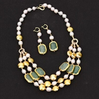 Juegos de aretes collar cuentas cepilladas cuarzo fresa verde perla blanca cultivada Foto 1 de 4