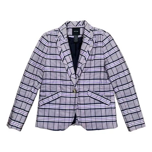 Smythe Plaid Padded Blazer Purple White Blue Tan 1 Btn Jacket Womens Small - Picture 1 of 11