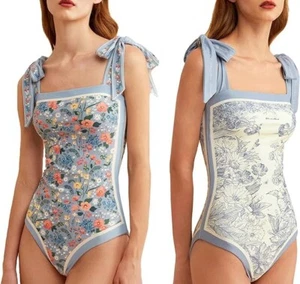 Floral One Piece Swimsuit Square Neck Reversible Tie Shoulder Monokini Size M - Picture 1 of 6