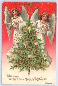 Postcard Merry Christmas Best Wishes Angels Tree Stars - Picture 1 of 2