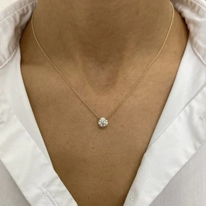 Diamond Pendant Solitaire Necklace Round E VS1 1 Ct Lab Created 14K Yellow Gold - Picture 1 of 10