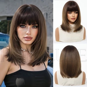 Fashion Ombre Ash Brown Bob Wigs Layered Wigs with Bangs for Women Daily Party - Picture 1 of 2