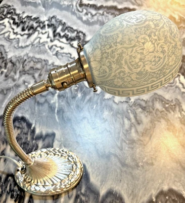 Vintage Cast Iron Chrom Hubbley Gooseneck Reading Desk Lamp Blue Etched Shade *1 - Image 1 of 4