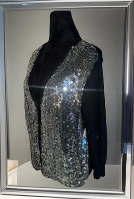 Yansi Fugel Sequin 3/4 Sleeve Black Silk Cardigan Sweater Womens XLDesigner - Image 1 of 4