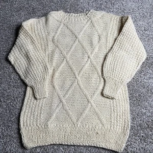 Hand Made Knit Sweater Mens Large Cream Chunky Cable Knit Fisherman Vtg 90s 80s - Picture 1 of 5