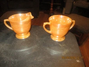 Vintage Anchor Hocking Fire King Peach Luster Sugar Bowl And Creamer Set. - Picture 1 of 5