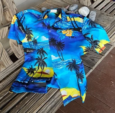 Camisa Hawaiana Vintage Royal Creations Hecha en Hawaii Azul/Amarillo Talla M Puesta de Sol Foto 1 de 4
