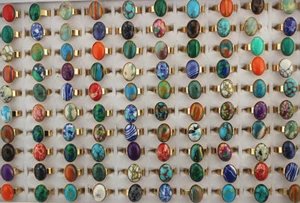Wholesale Job Lots 32pcs Natural Stone Rings Stainless Steel Adjustable Jewelry - Picture 1 of 10
