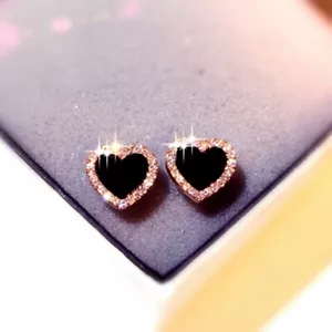 18K Rose Gold Filled Black Agate Cubic Zirconia Charming Heart Stud Earrings - Picture 1 of 6
