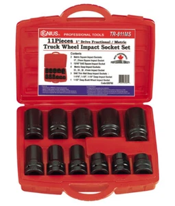 Genius Tools 11 Piece 1” Dr. Metric & SAE Truck Wheel Impact Socket Set TR-811MS - Picture 1 of 2