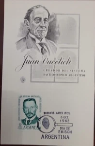 D)1962, ARGENTINA, FIRST DAY COVER, ISSUE, JUAN VUCETICH, 1858-1925, POLICE CREA - Picture 1 of 1