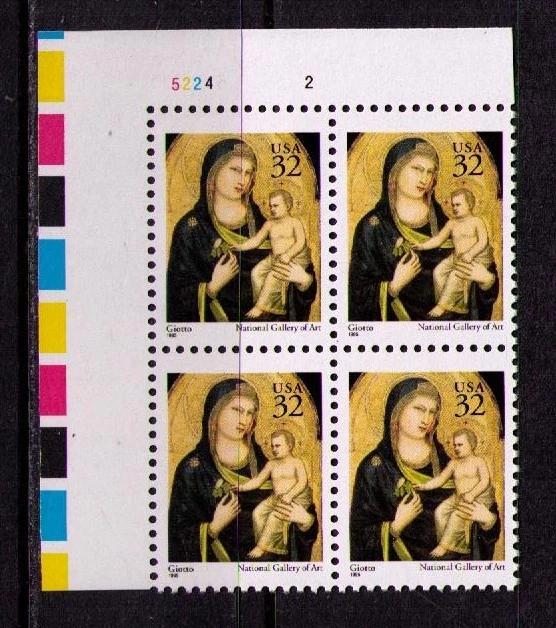 US USA Sc# 3003 MNH FVF PLATE # BLOCK Christmas Madonna & Child Giotto Bondone - Image 1 of 1