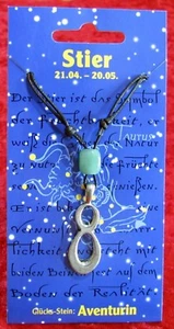 Sternzeichen-Anhänger Stier aus Zinn, mit kleinem Glücksstein aus Aventurin grün - Bild 1 von 2