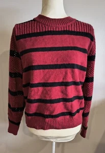 Red & black stripe knit pullover jumper L - Picture 1 of 2