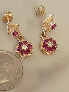 Round Cut Ruby Lab Created Diamond Wedding 14K Yellow Gold Finish Drop Earrings - Picture 1 of 7