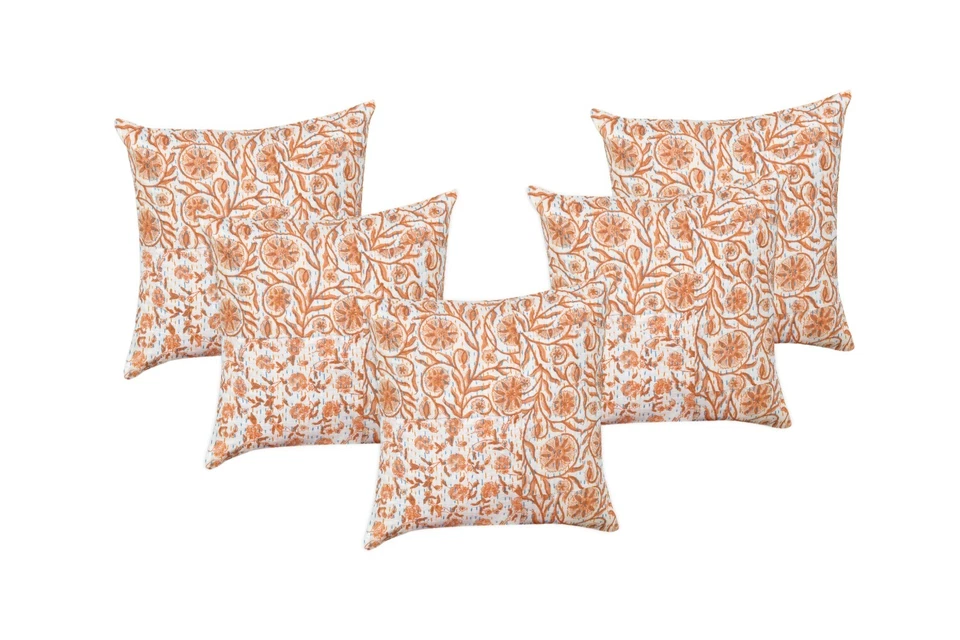 COTTON PATCH KANTHA CUSHION COVER 16x16 Set Of 5 Hand Stitched White/Orange - Image 1 of 1