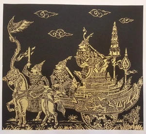 Black Thai Art Silk Printings Handmade Gold Rama Ramayana Poster Wall Home Decor - Picture 1 of 4