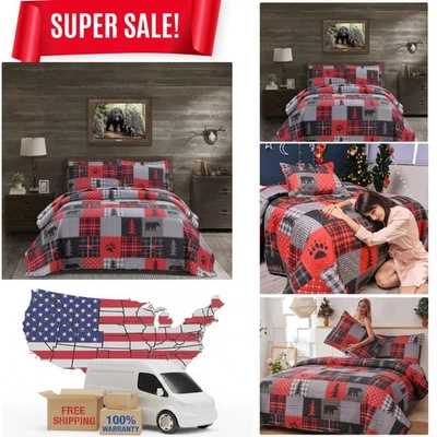 Red & Black Plaid Queen Quilt Set - Soft Microfiber Bedding for Rustic Homes - Image 1 of 4