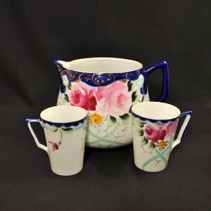 Nippon TE-OH Apfelwein Krug & 2 Becher Kobalt Rosen mit Gold handbemalt 1891-1918 - Bild 1 von 24