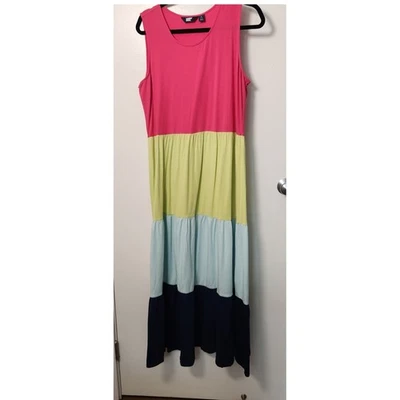 Lands' End Women's Sleeveless Maxi Dress Large Color Block Tiered Pink Blue - Image 1 of 4
