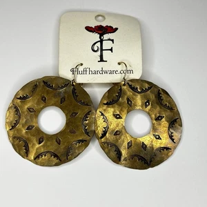 FLUFF HARDWARE Sterling Silver Plated Etched Hammered Raw Brass Disk Earrings 2" - Picture 1 of 8